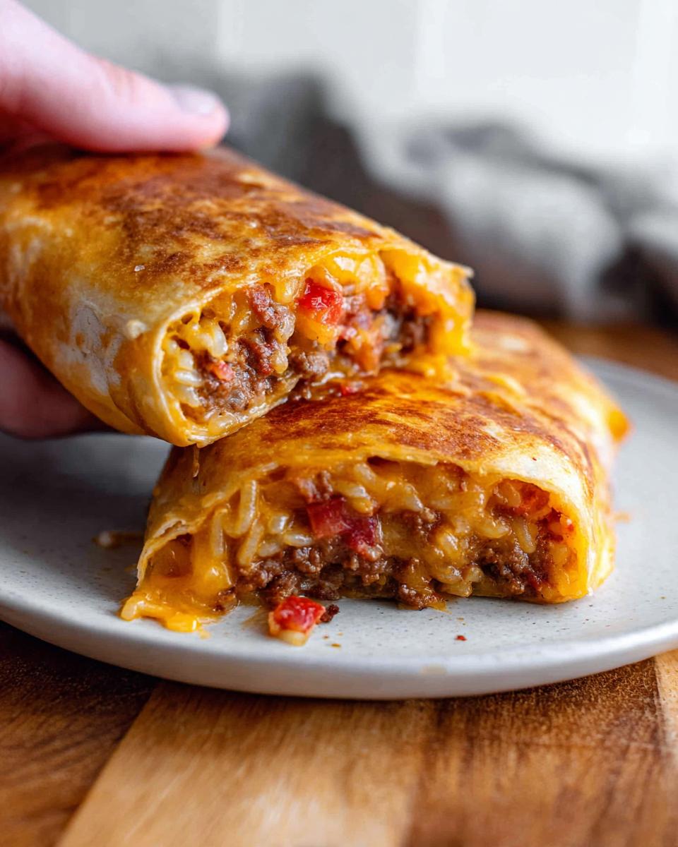 A close-up of a cut-open Easy Grilled Cheese Burrito Copycat Recipe, showing the cheesy, meaty filling.