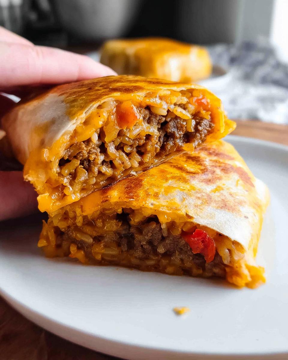 Close-up of a grilled cheese burrito copycat recipe cut in half, showing seasoned ground beef and rice filling.