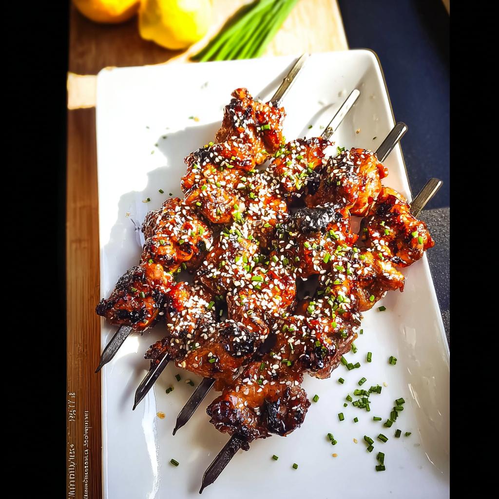A platter of glistening Easy Japanese Chicken Yakitori Skewers, generously sprinkled with sesame seeds and chives.