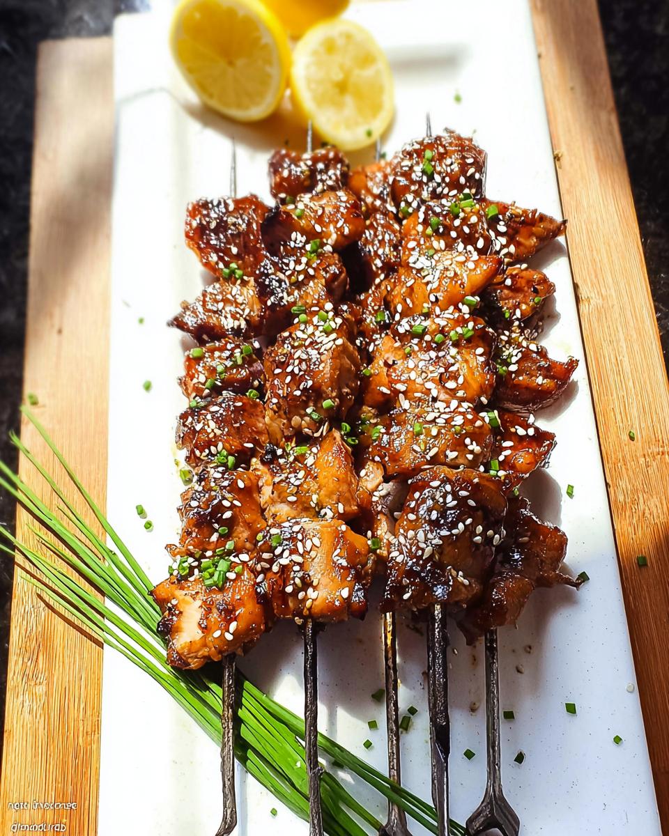 A close-up of Easy Japanese Chicken Yakitori Skewers glazed and sprinkled with sesame seeds and chives, served with lemon wedges.