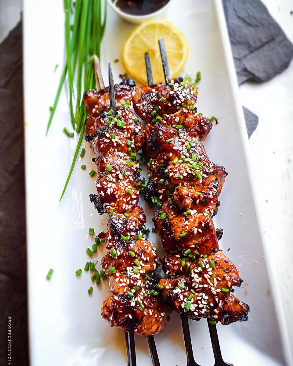 Close-up of Easy Japanese Chicken Yakitori Skewers glazed with sauce, sprinkled with sesame seeds and chives.