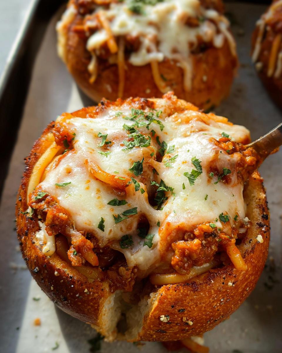A close-up of an Easy Spaghetti Garlic Bread Bowl filled with spaghetti and topped with melted cheese and parsley.