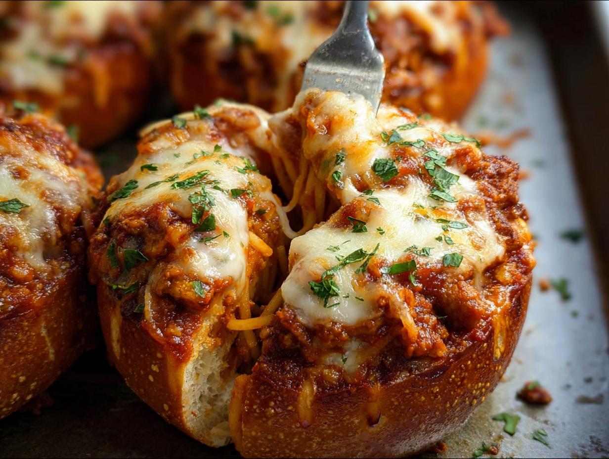 A fork pulling spaghetti from an Easy Spaghetti Garlic Bread Bowl, topped with melted cheese and parsley.
