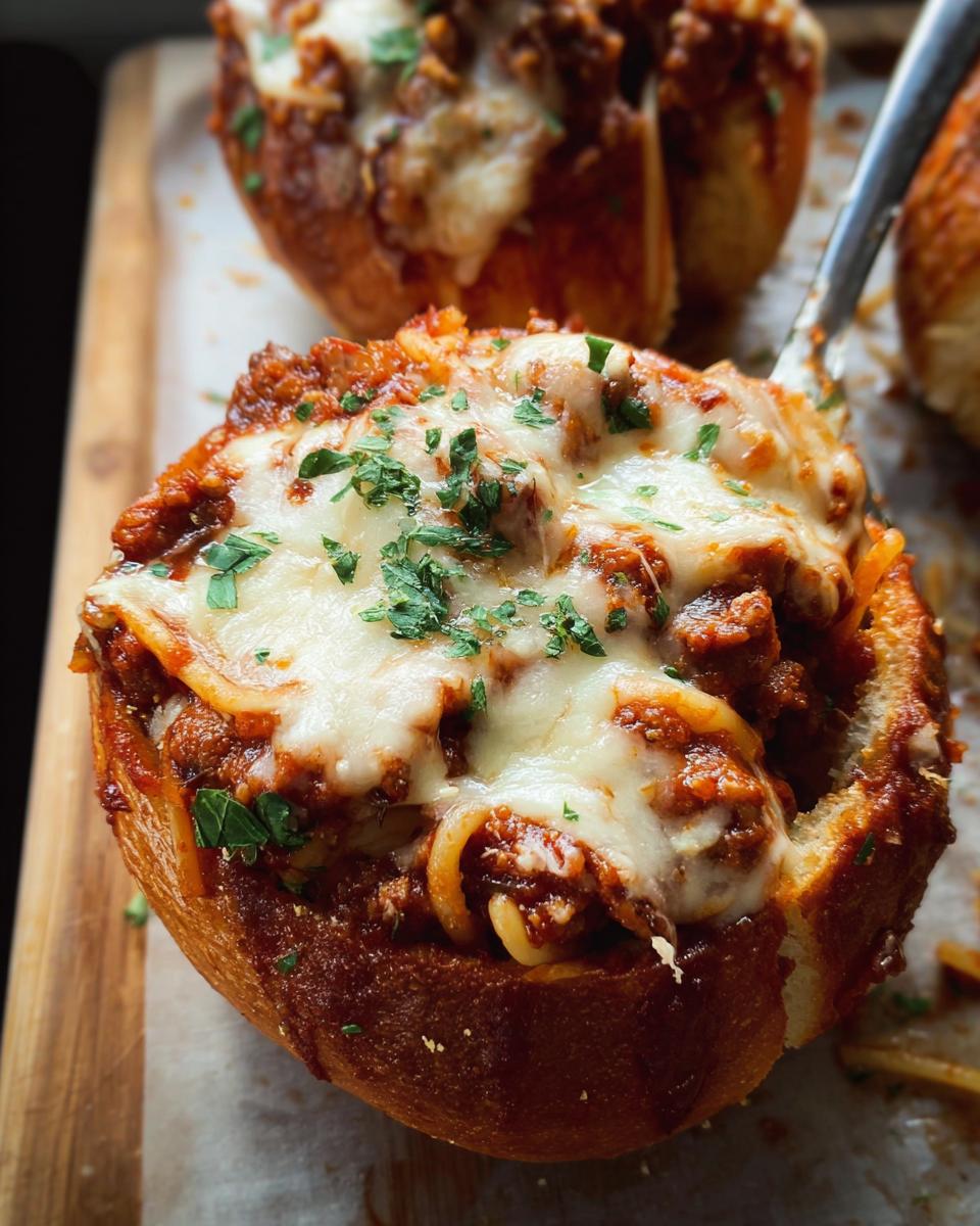 Close-up of an Easy Spaghetti Garlic Bread Bowl filled with spaghetti and meat sauce, topped with melted cheese and parsley.