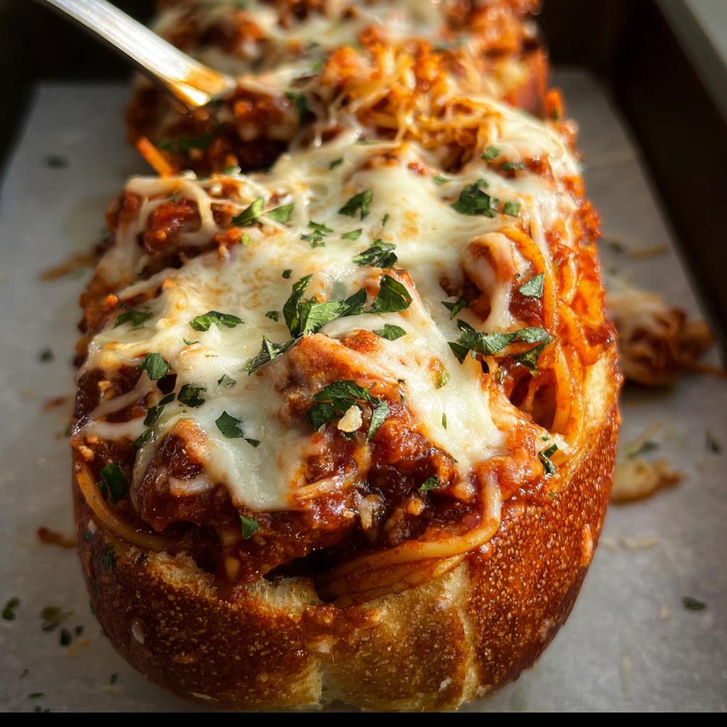 Close-up of an Easy Spaghetti Garlic Bread Bowl overflowing with spaghetti, meat sauce, and melted cheese, garnished with parsley.