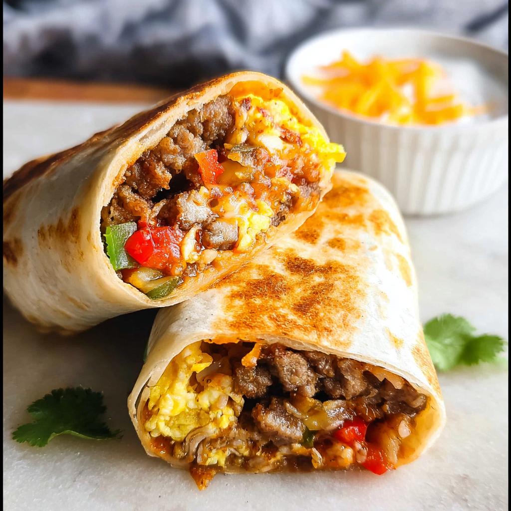 A close-up of an Effortless & Tasty Freezer Breakfast Burrito cut in half, revealing scrambled eggs, seasoned meat, and peppers.