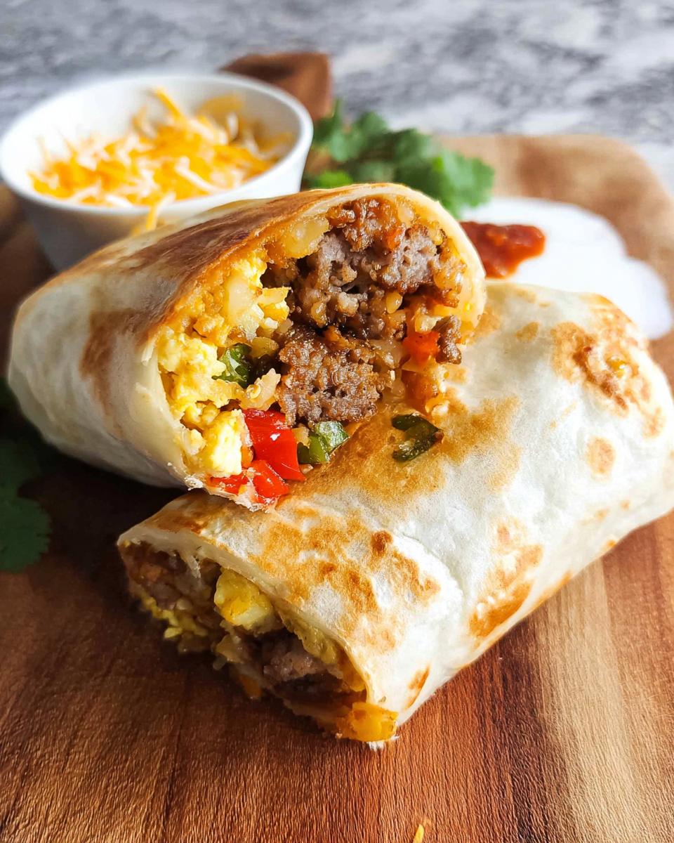 Close-up of a delicious freezer breakfast burrito, cut in half, revealing scrambled eggs, sausage, and peppers.