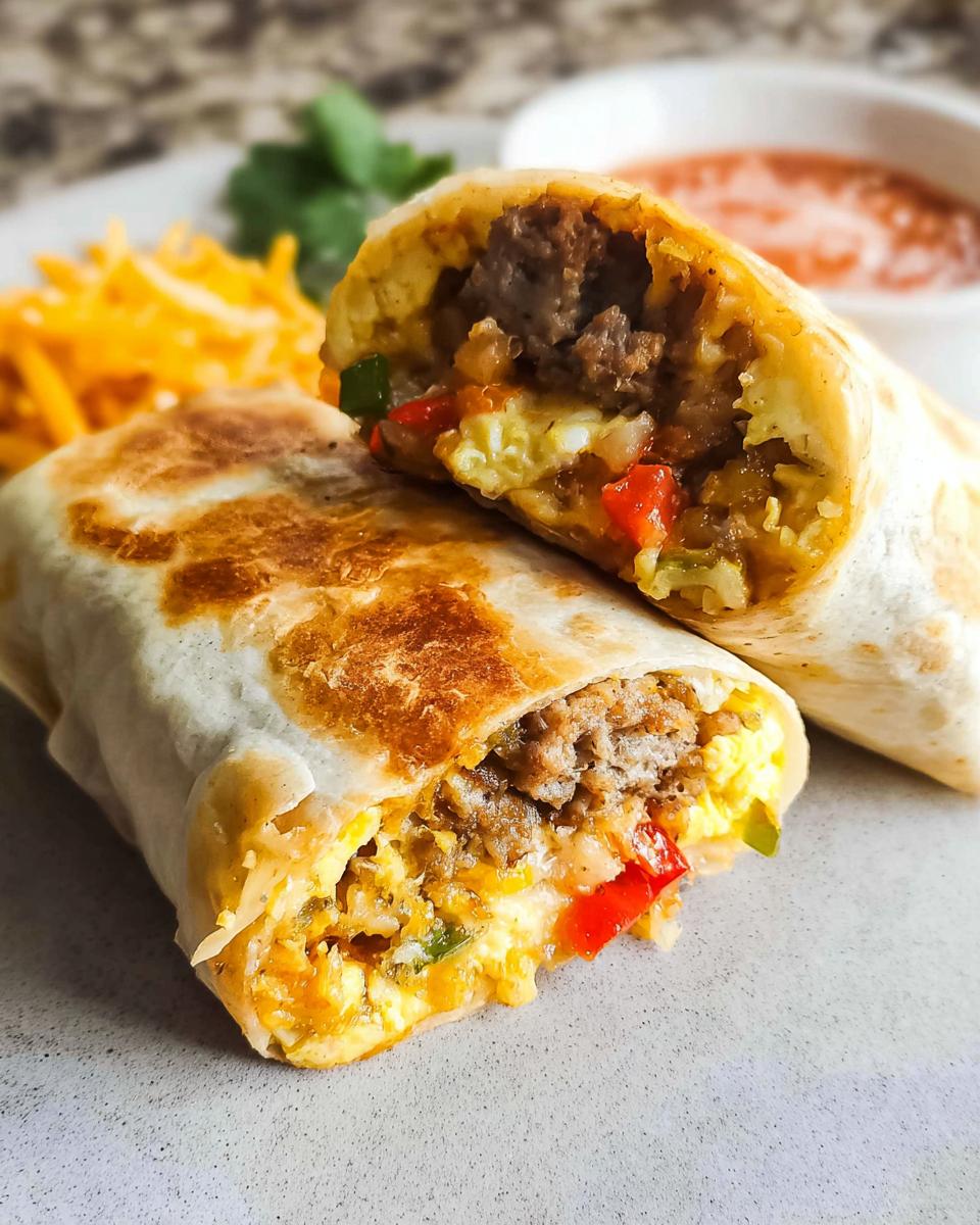 Close-up of a delicious freezer breakfast burrito cut in half, showing scrambled eggs, sausage, and peppers.