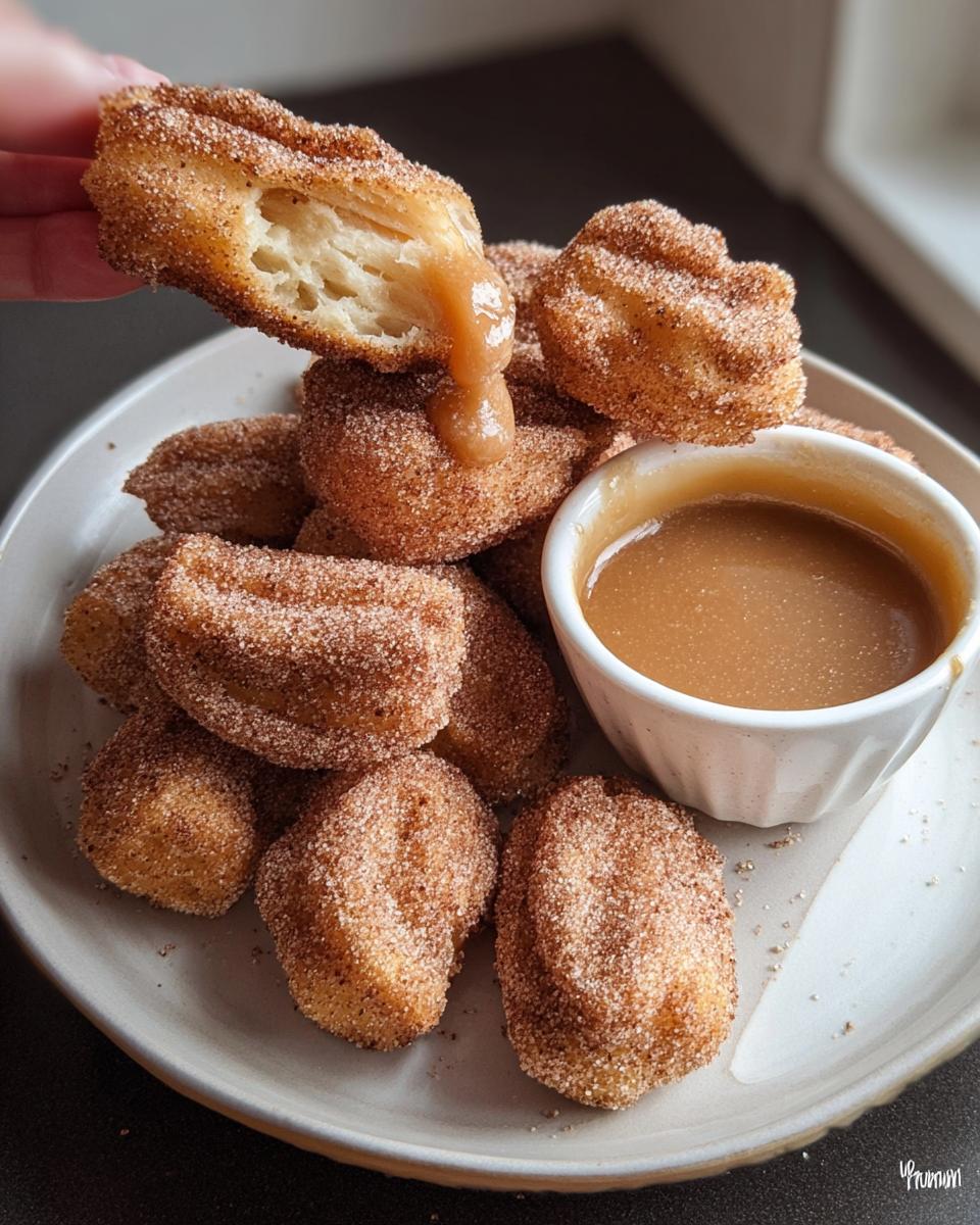 A hand holding a fluffy air fryer churro bite, showing its airy interior, with a pile of churro bites and caramel dip on a plate.