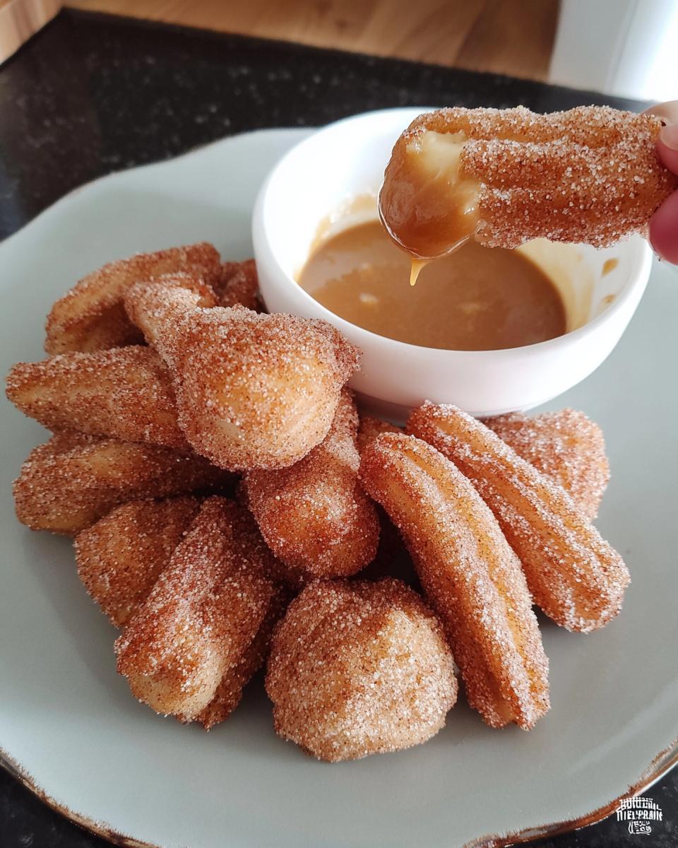 A hand dips a fluffy air fryer churro bite into a bowl of caramel sauce, with a pile of churro bites on a plate.