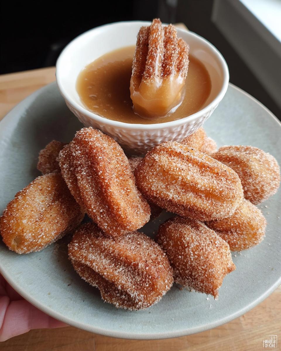 A plate of fluffy air fryer churro bites coated in cinnamon sugar, with one bite dipped in caramel sauce.