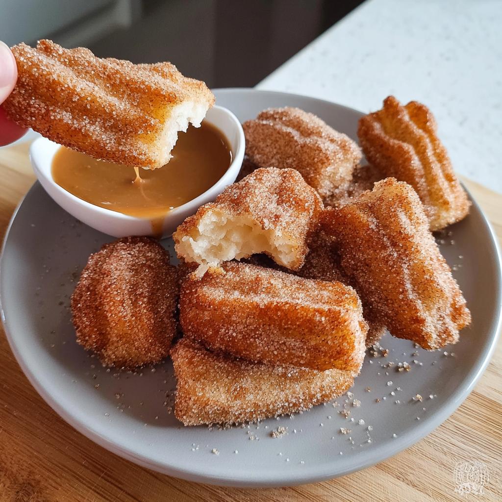 A hand dips a fluffy air fryer churro bite into a caramel sauce, with more churro bites on a plate.