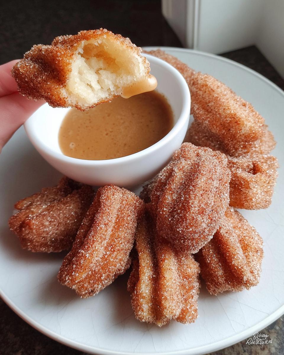A hand holding a fluffy air fryer churro bite, dipped in a caramel sauce, with more churro bites on a plate.