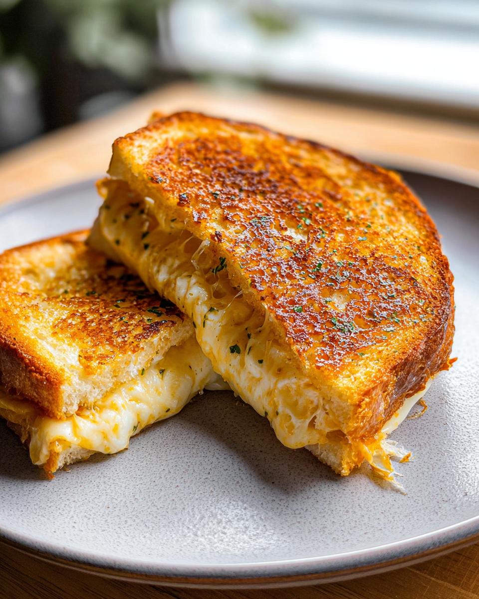 A close-up of a perfectly grilled Garlic Bread Grilled Cheese sandwich, with melted cheese oozing out.