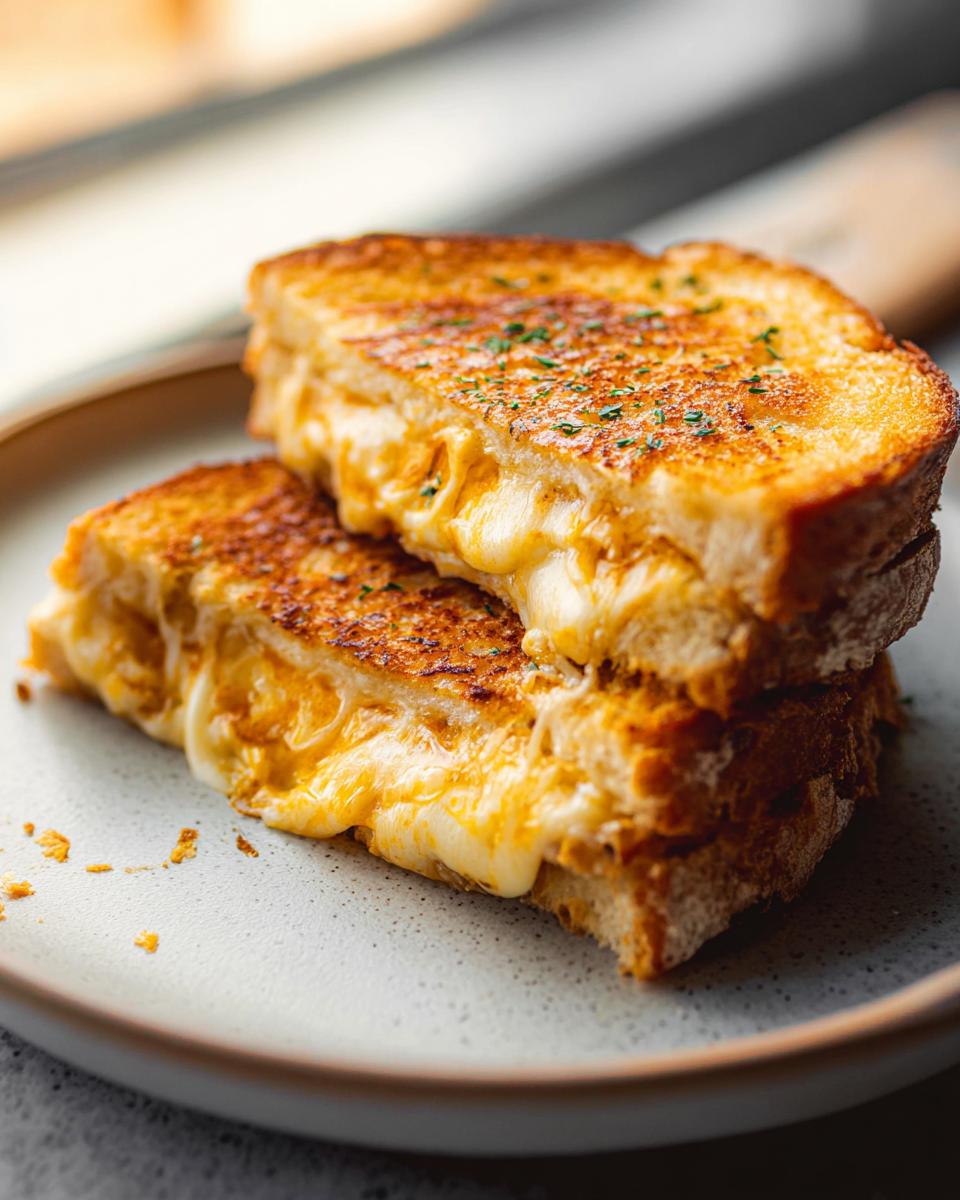 A close-up of a delicious Garlic Bread Grilled Cheese sandwich, with melted cheese oozing out.