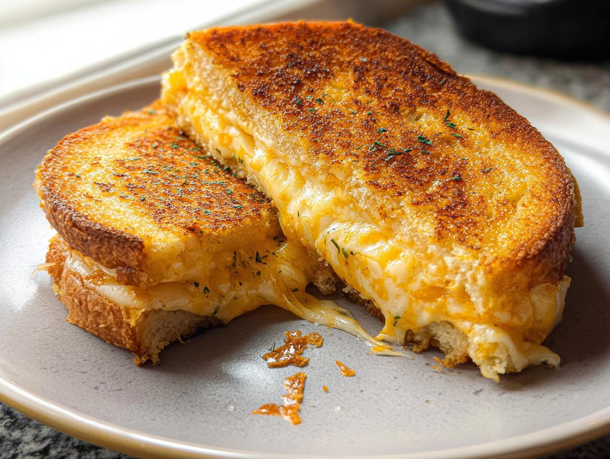Two halves of a golden-brown Garlic Bread Grilled Cheese sandwich, with gooey melted cheese spilling out.