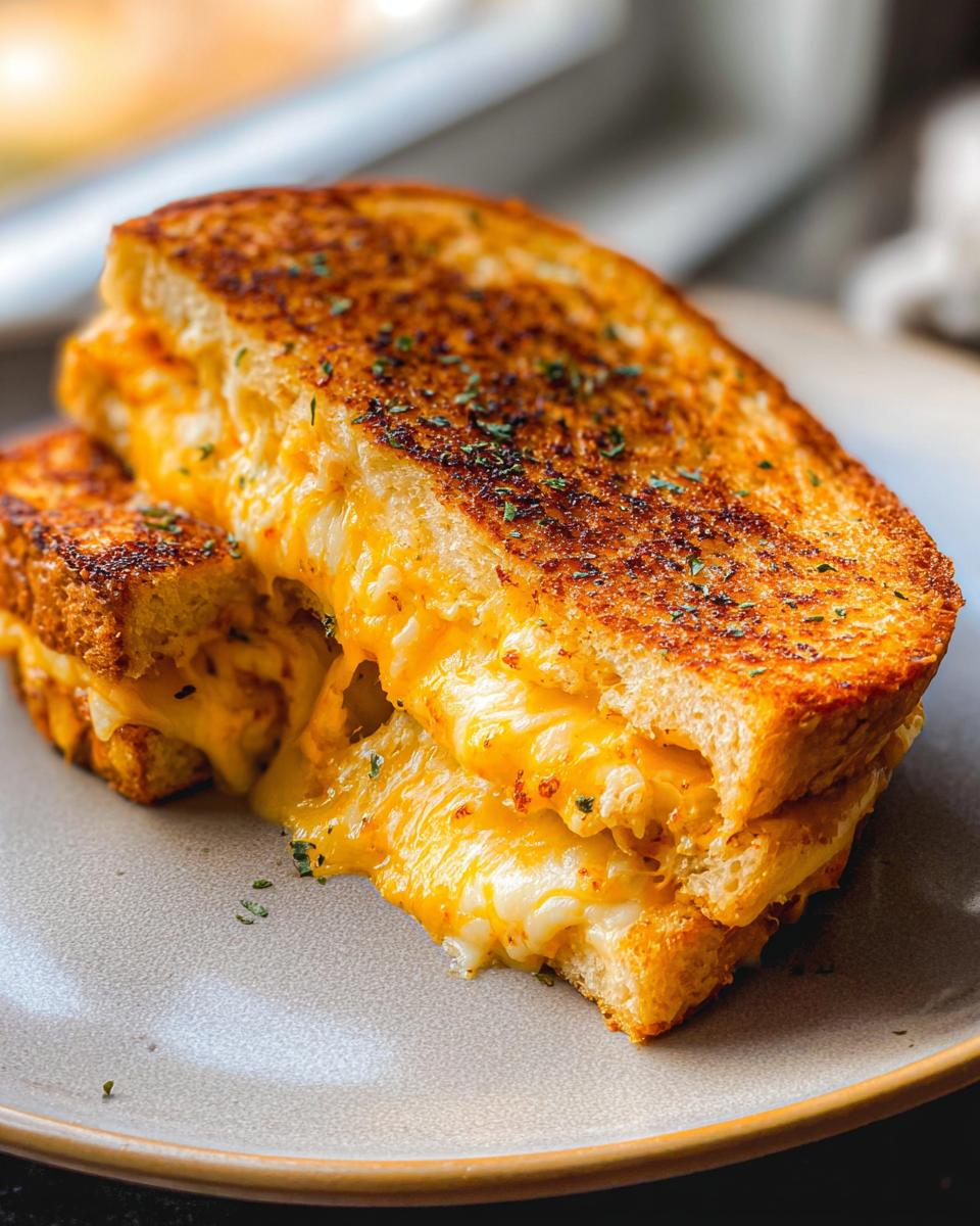 Close-up of a delicious Garlic Bread Grilled Cheese sandwich, with gooey melted cheese oozing out.