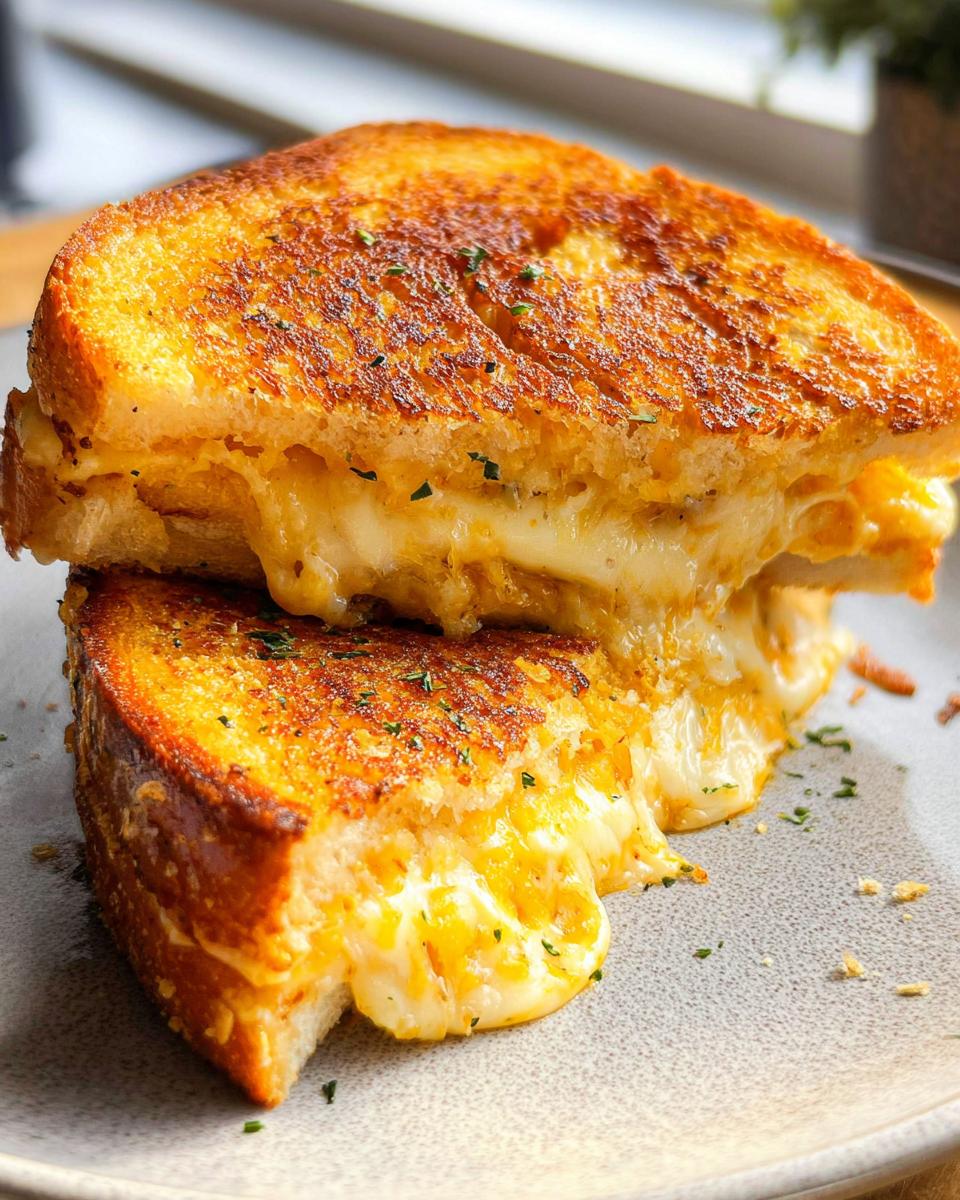 Close-up of a delicious Garlic Bread Grilled Cheese sandwich, oozing with melted cheese and sprinkled with herbs.