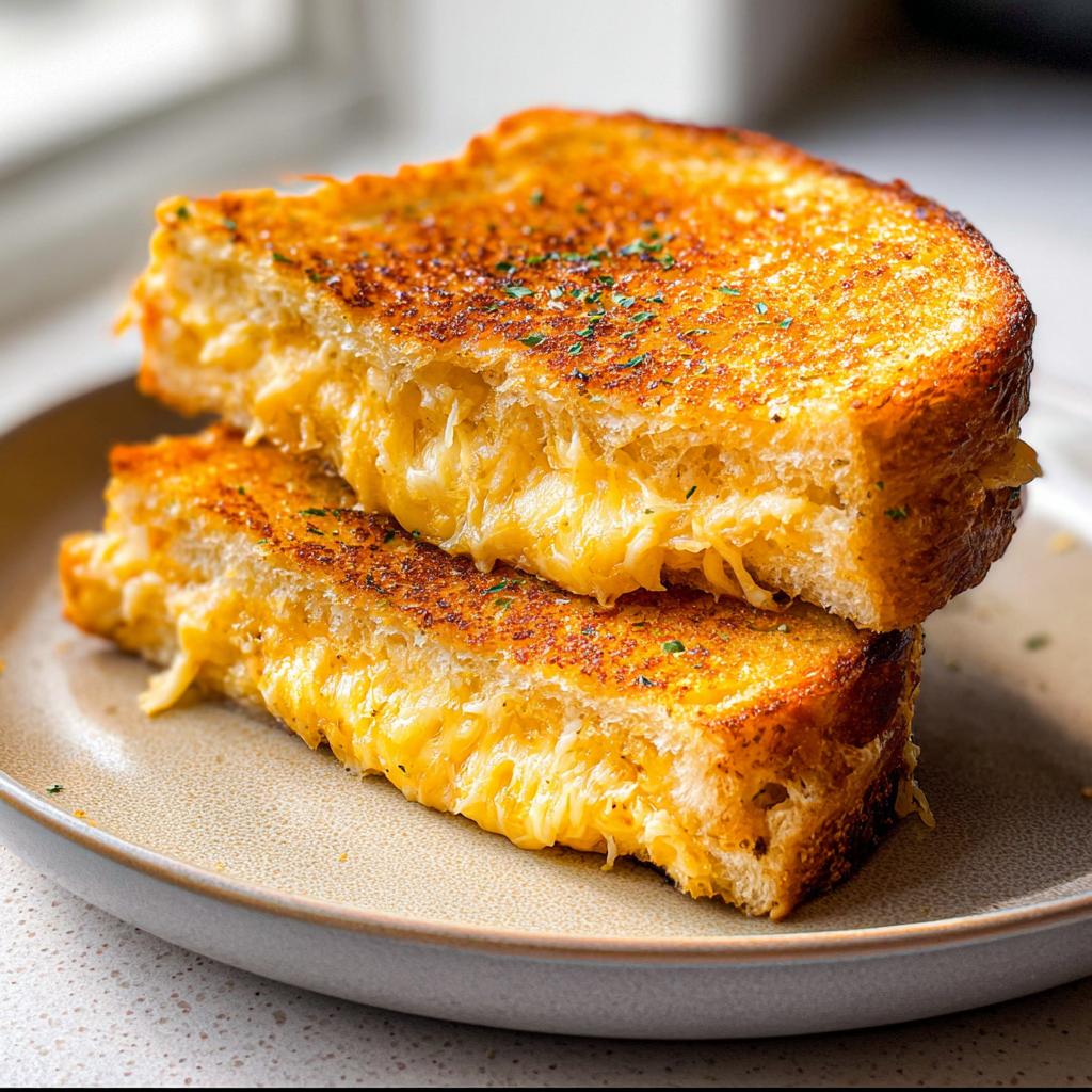Two halves of a golden-brown Garlic Bread Grilled Cheese sandwich stacked on a plate, with melted cheese oozing out.