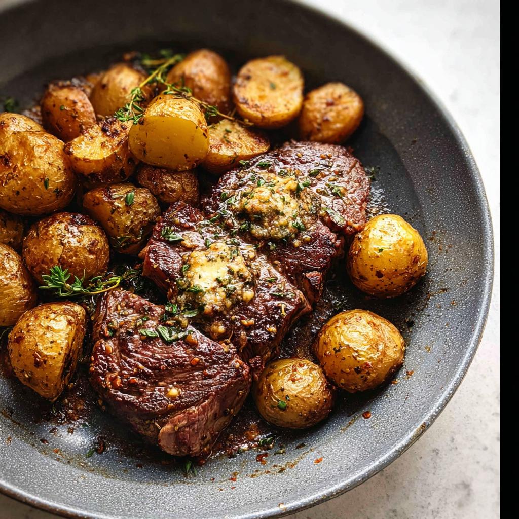 A close-up of a Garlic Butter Steak and Potatoes Skillet, featuring tender steaks topped with melting garlic butter and golden roasted potatoes.