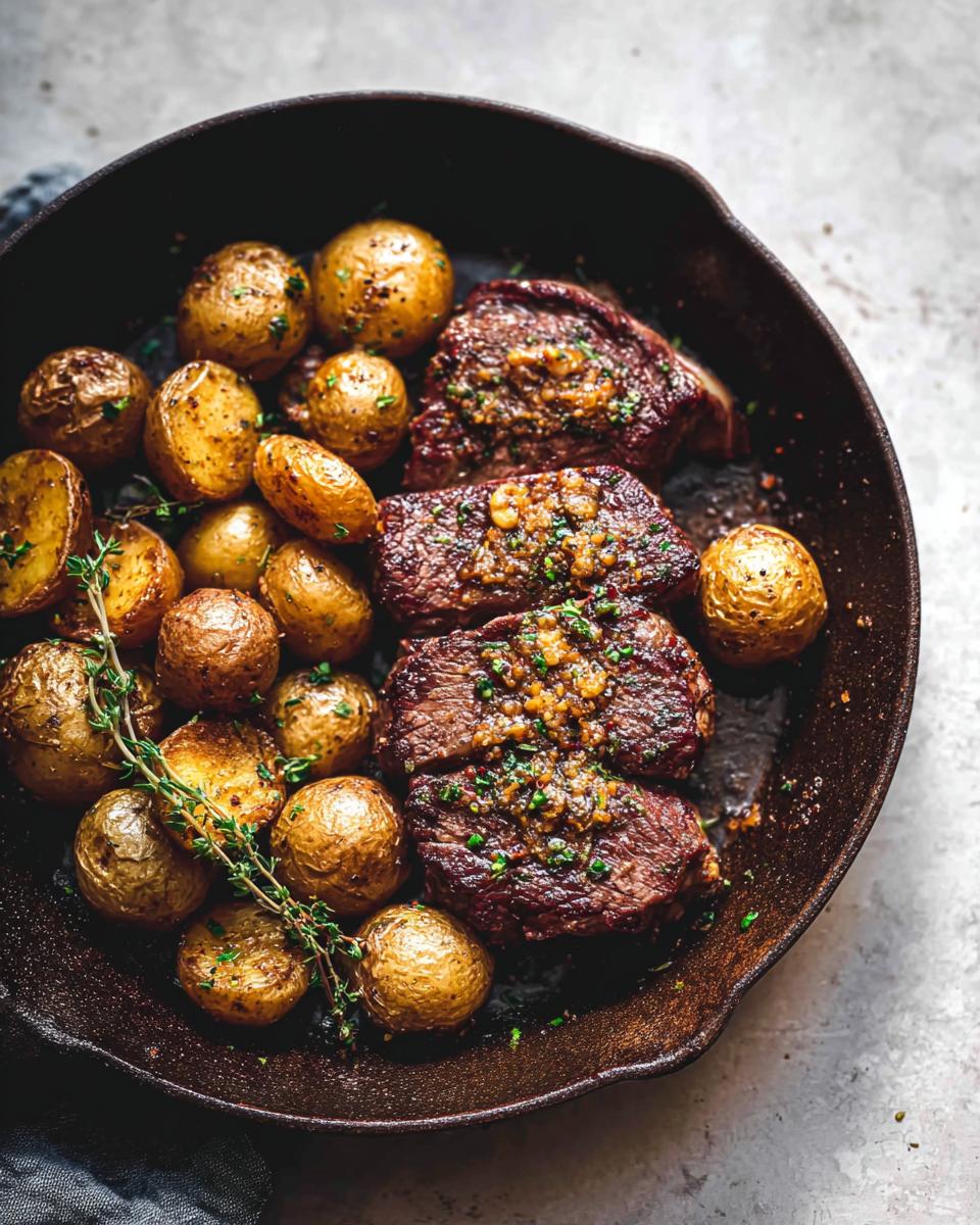 Close-up of Garlic Butter Steak and Potatoes Skillet in a cast iron pan, featuring seared steaks and golden roasted potatoes.