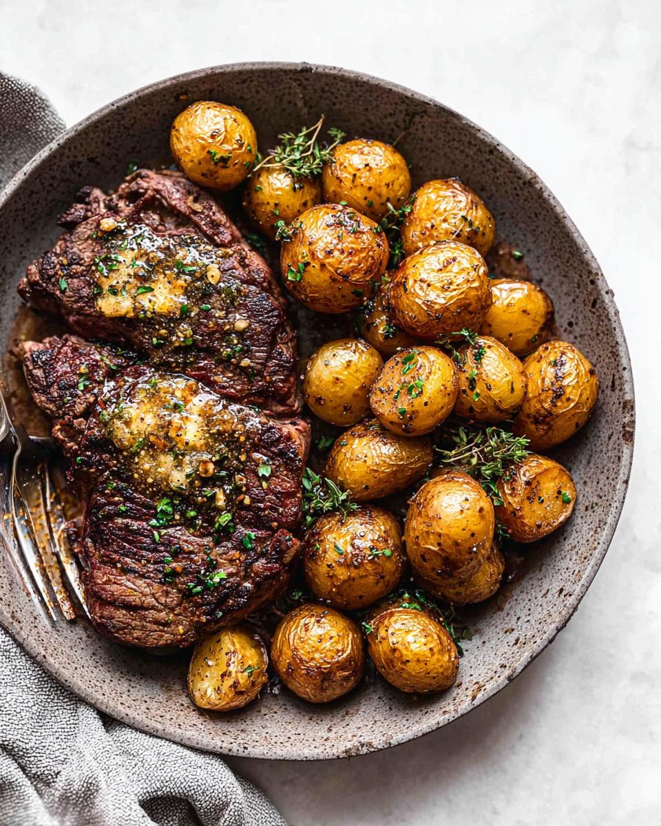A close-up overhead view of a Garlic Butter Steak and Potatoes Skillet, featuring two juicy steaks topped with garlic butter and herbs, alongside roasted baby potatoes.