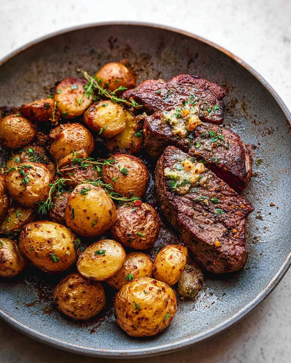 Close-up of a Garlic Butter Steak and Potatoes Skillet, featuring perfectly cooked steak topped with garlic butter and roasted potatoes.