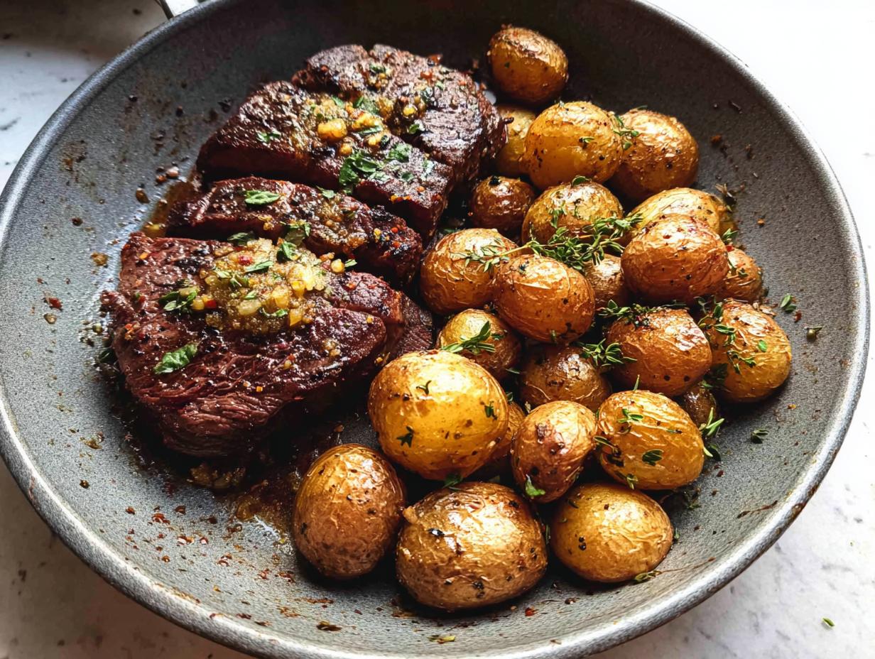 Close-up of sliced garlic butter steak and roasted potatoes in a skillet.
