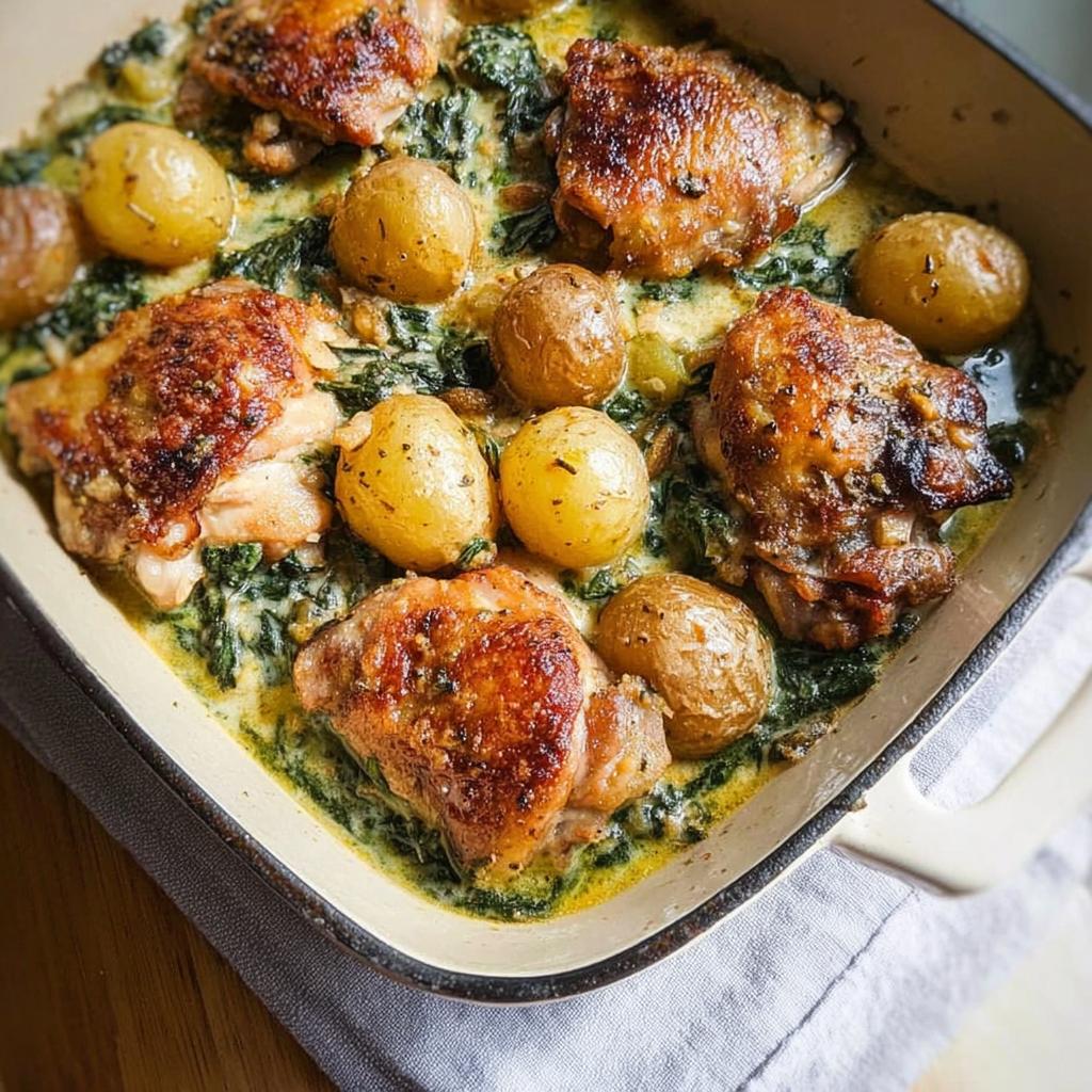 Close-up of golden brown Garlic Parmesan Chicken Thighs and Potatoes baked in a creamy spinach sauce.