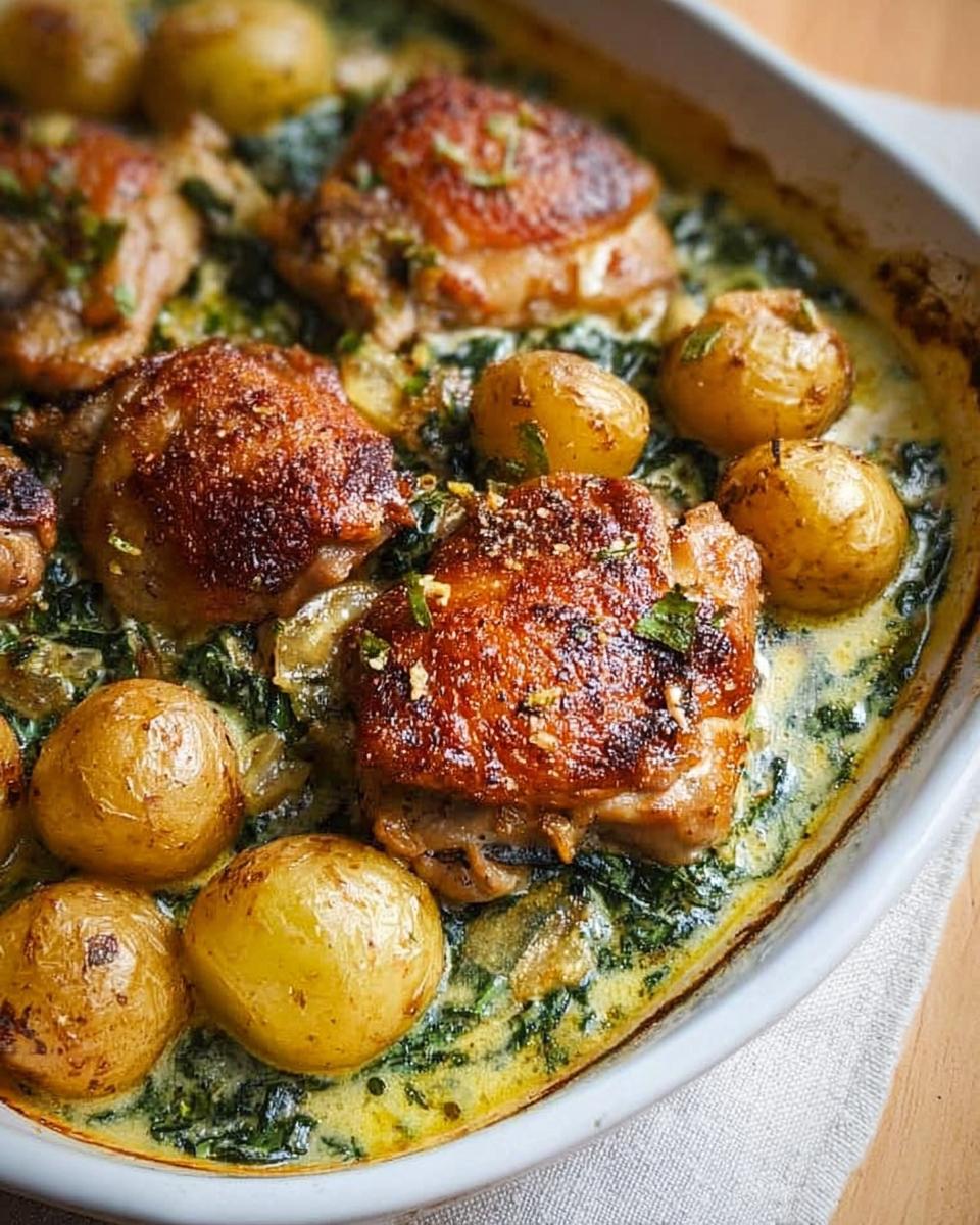 Close-up of a baking dish filled with Garlic Parmesan Chicken Thighs and Potatoes in a creamy spinach sauce.