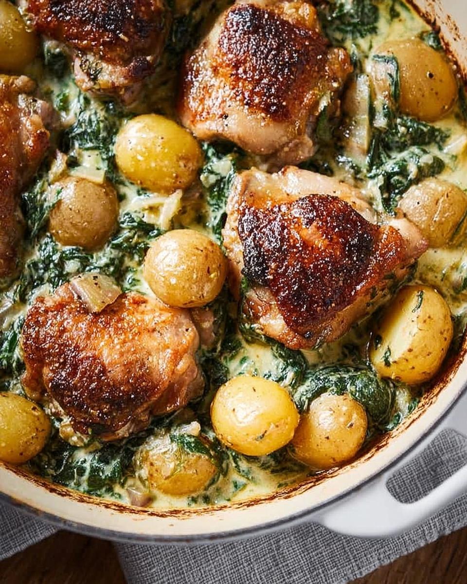 A close-up shot of a creamy dish featuring Garlic Parmesan Chicken Thighs and Potatoes with spinach.