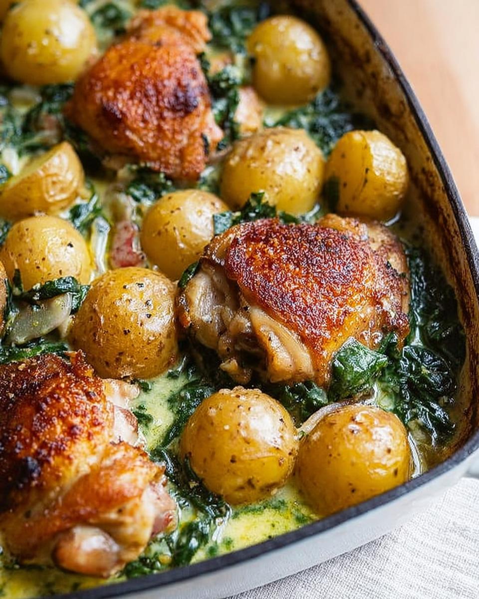 A close-up of Garlic Parmesan Chicken Thighs and Potatoes baked in a creamy sauce with spinach.
