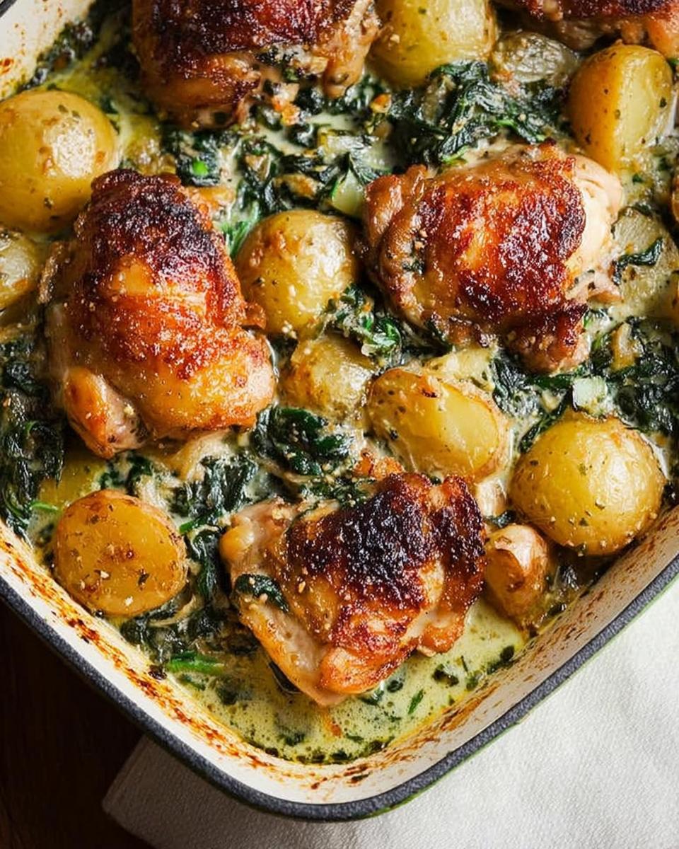 Close-up of baked Garlic Parmesan Chicken Thighs and Potatoes with spinach in a creamy sauce.