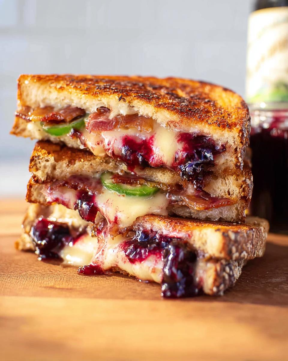 Close-up of a gourmet blueberry grilled cheese sandwich stacked, showing melted cheese, bacon, and blueberries.