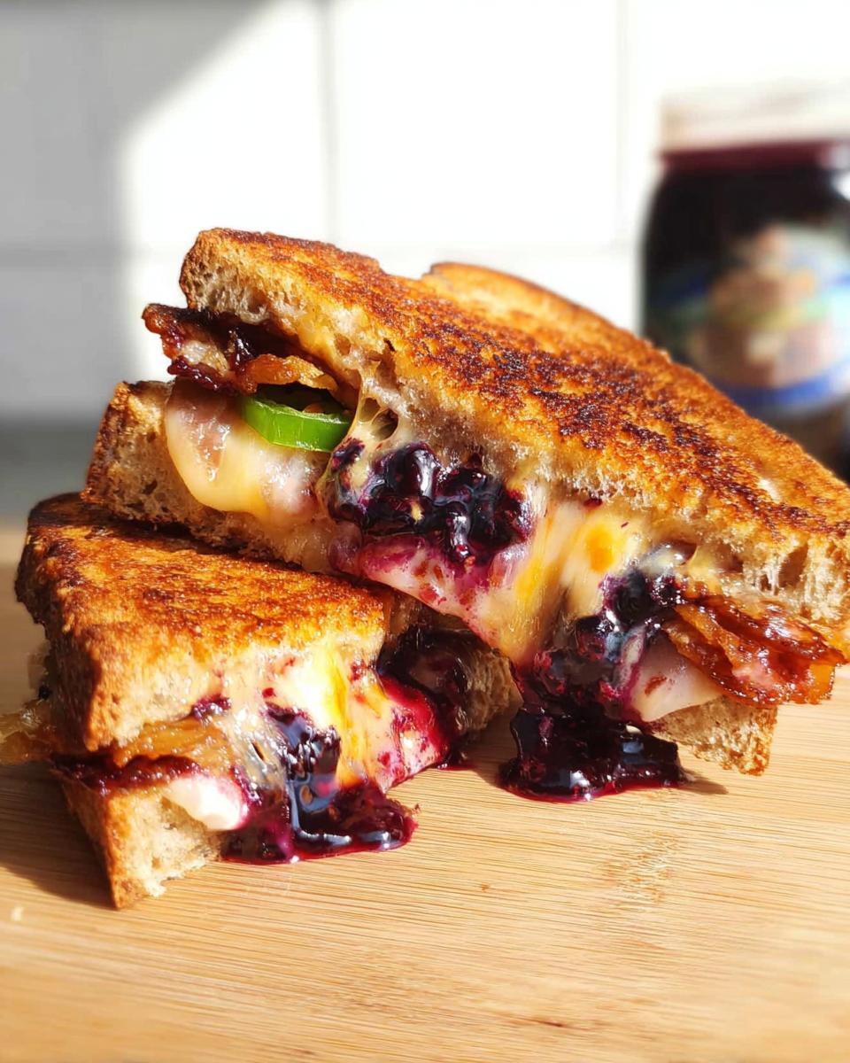 A gourmet blueberry grilled cheese sandwich cut in half, showcasing melted cheese, blueberry filling, and jalapeno slices.