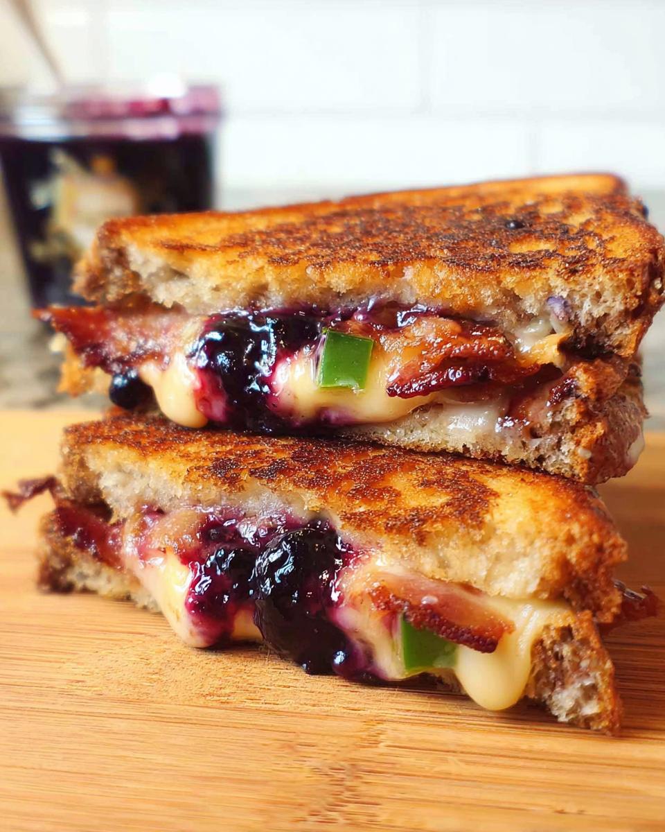 A close-up of a gourmet blueberry grilled cheese sandwich, stacked with melted cheese, bacon, and blueberry jam.