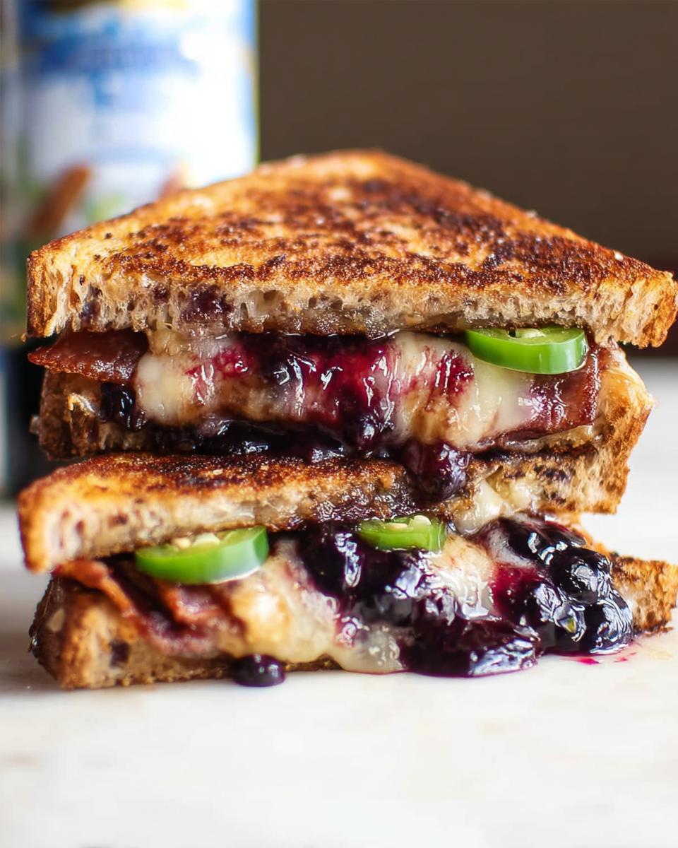A stacked Gourmet Blueberry Grilled Cheese sandwich with melted cheese, blueberries, bacon, and jalapeno slices.