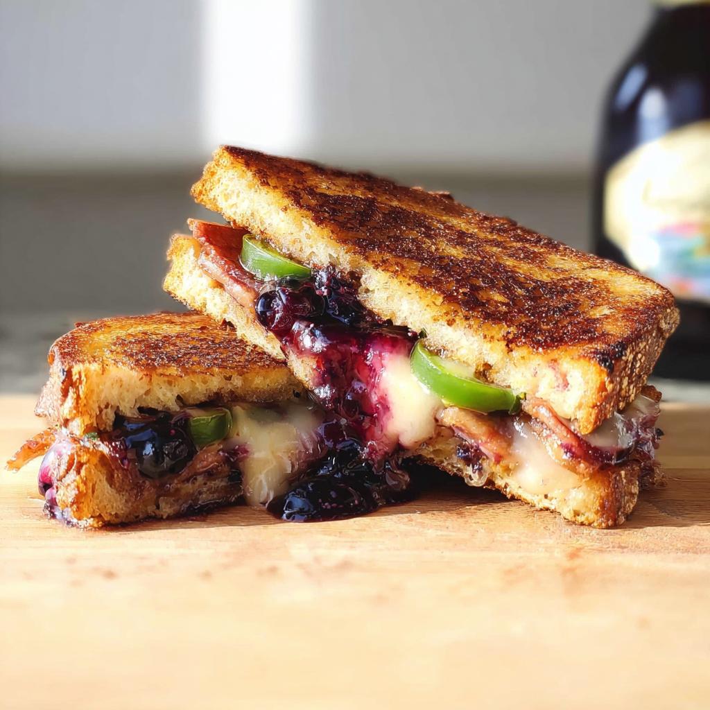 A delicious Gourmet Blueberry Grilled Cheese sandwich, cut in half, showing melted cheese and blueberries.
