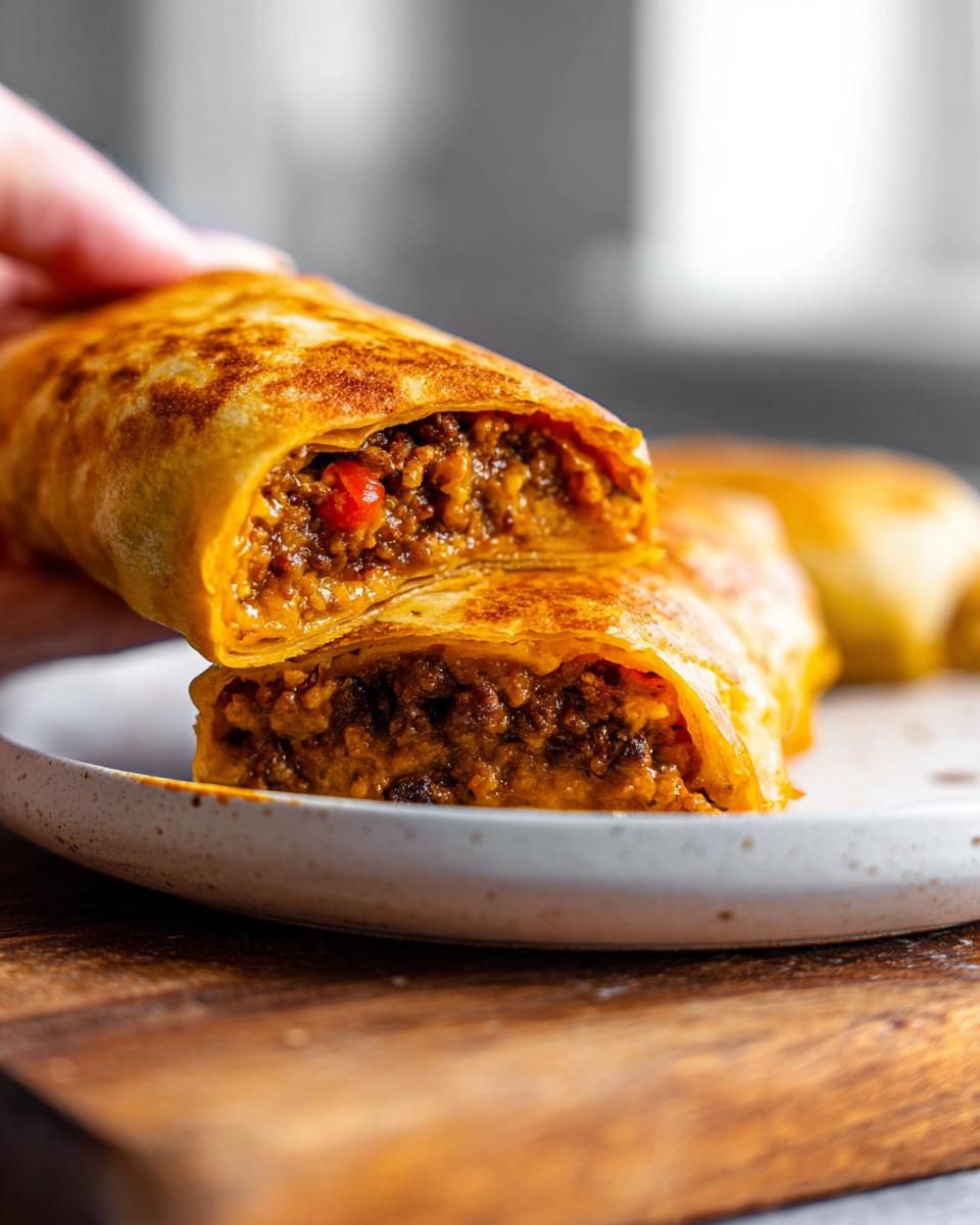 A close-up shot of a grilled cheese burrito cut in half, revealing a savory meat filling and melted cheese.