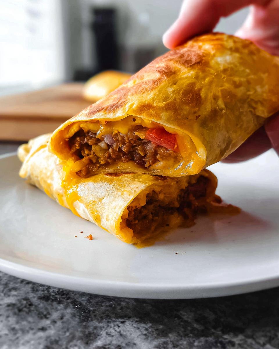 A close-up of a grilled cheese burrito made easy, cut in half to reveal a cheesy, savory filling.