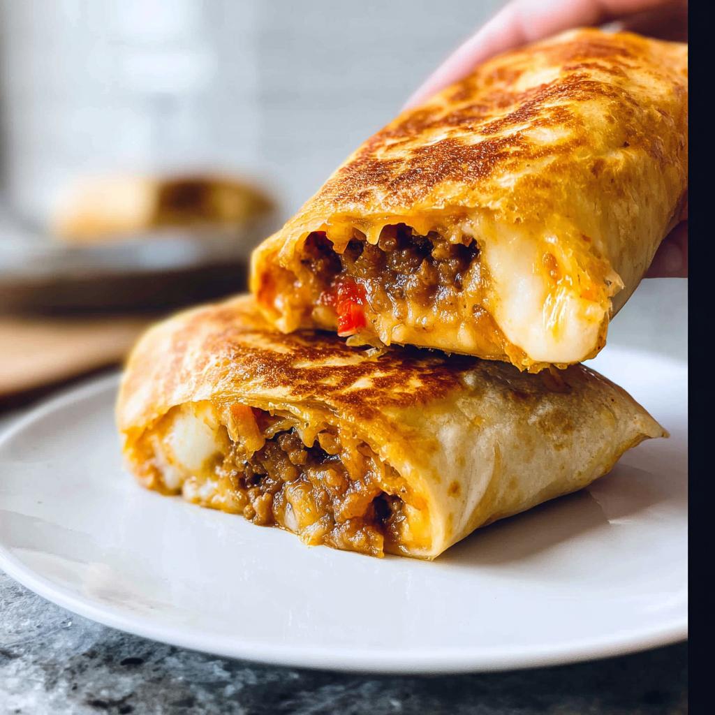 A close-up of a grilled cheese burrito made easy, cut in half to reveal a cheesy, meaty filling.