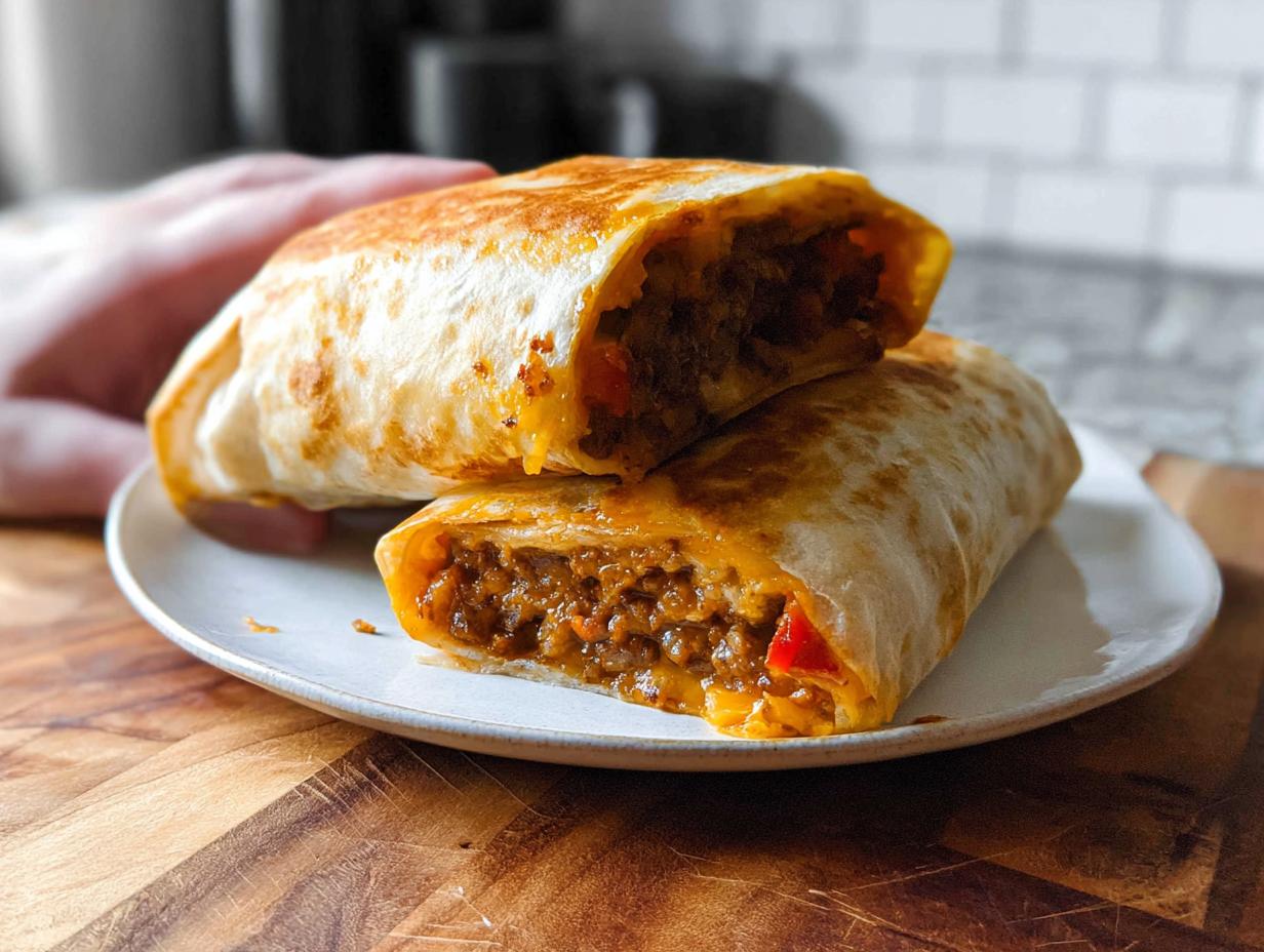 A close-up of a grilled cheese burrito made easy, cut in half to reveal a savory meat filling and melted cheese.