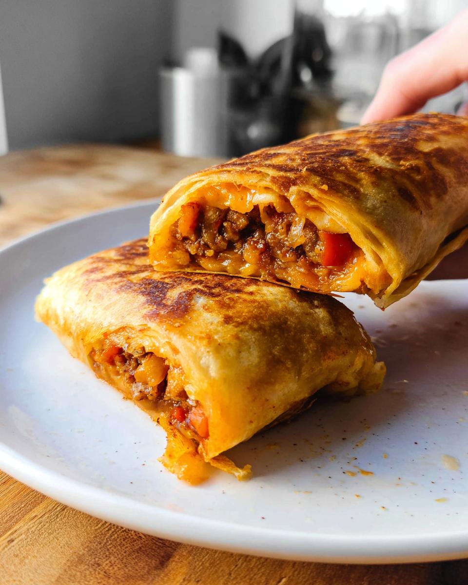 A close-up of a Grilled Cheese Burrito Made Easy, cut in half, showing a savory meat and cheese filling.