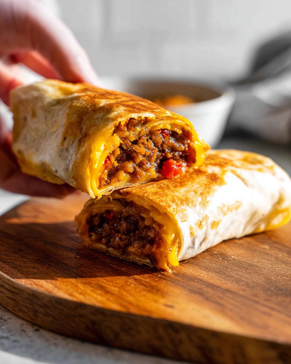 A person holding a halved Grilled Cheese Burrito Made Easy, revealing the savory filling and melted cheese.