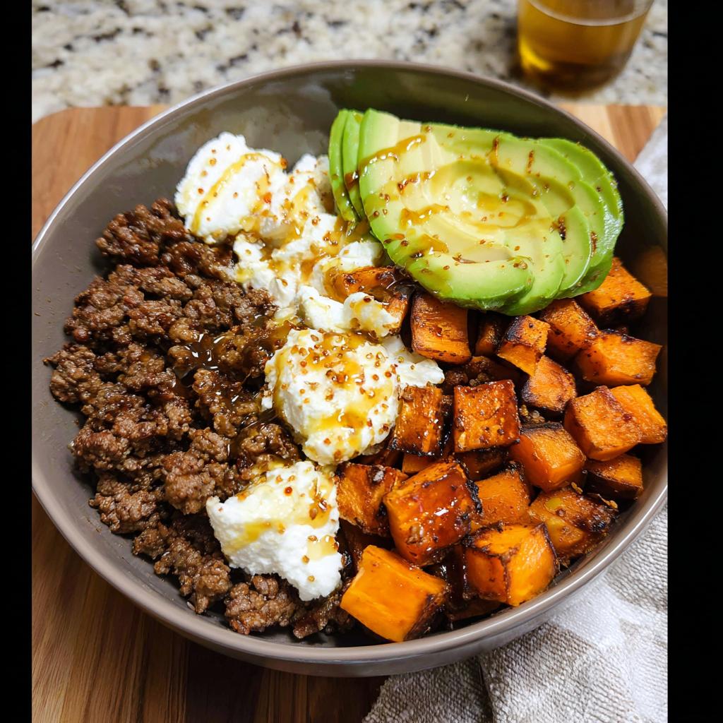 A delicious Ground Beef Hot Honey Bowl featuring seasoned ground beef, creamy cheese, roasted sweet potatoes, and sliced avocado drizzled with honey.