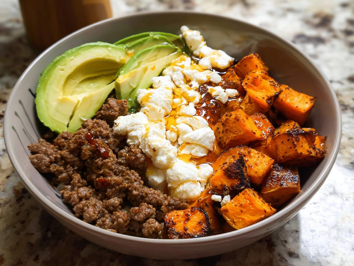 A delicious Ground Beef Hot Honey Bowl featuring seasoned ground beef, roasted sweet potatoes, avocado slices, and crumbled cheese.