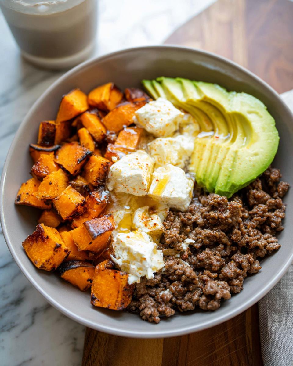 A delicious Ground Beef Hot Honey Bowl featuring seasoned ground beef, roasted sweet potatoes, creamy feta cheese, and sliced avocado.