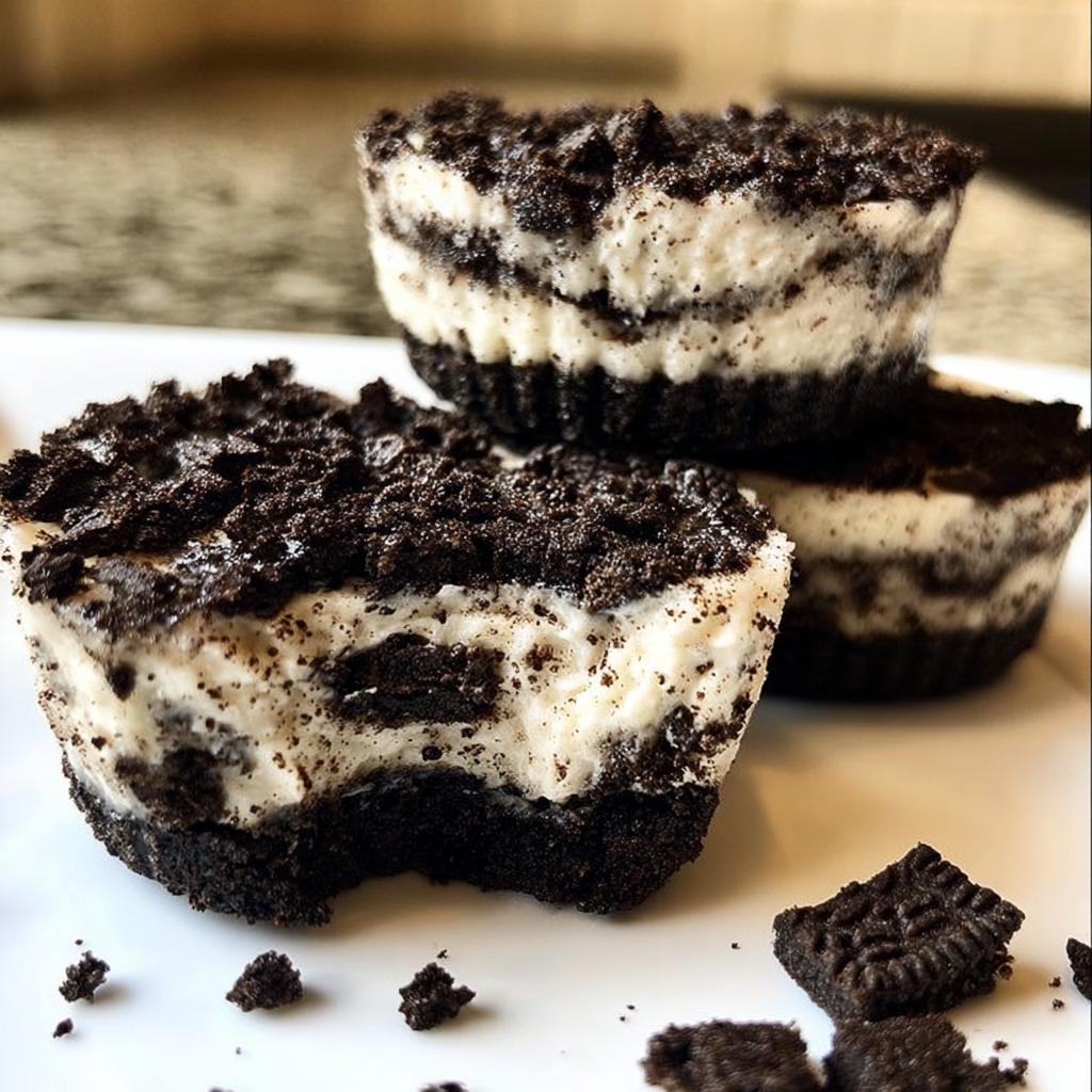 Close-up of three Healthy No-Bake Oreo Cheesecake Bites stacked on a white plate, with cookie crumbs scattered around.