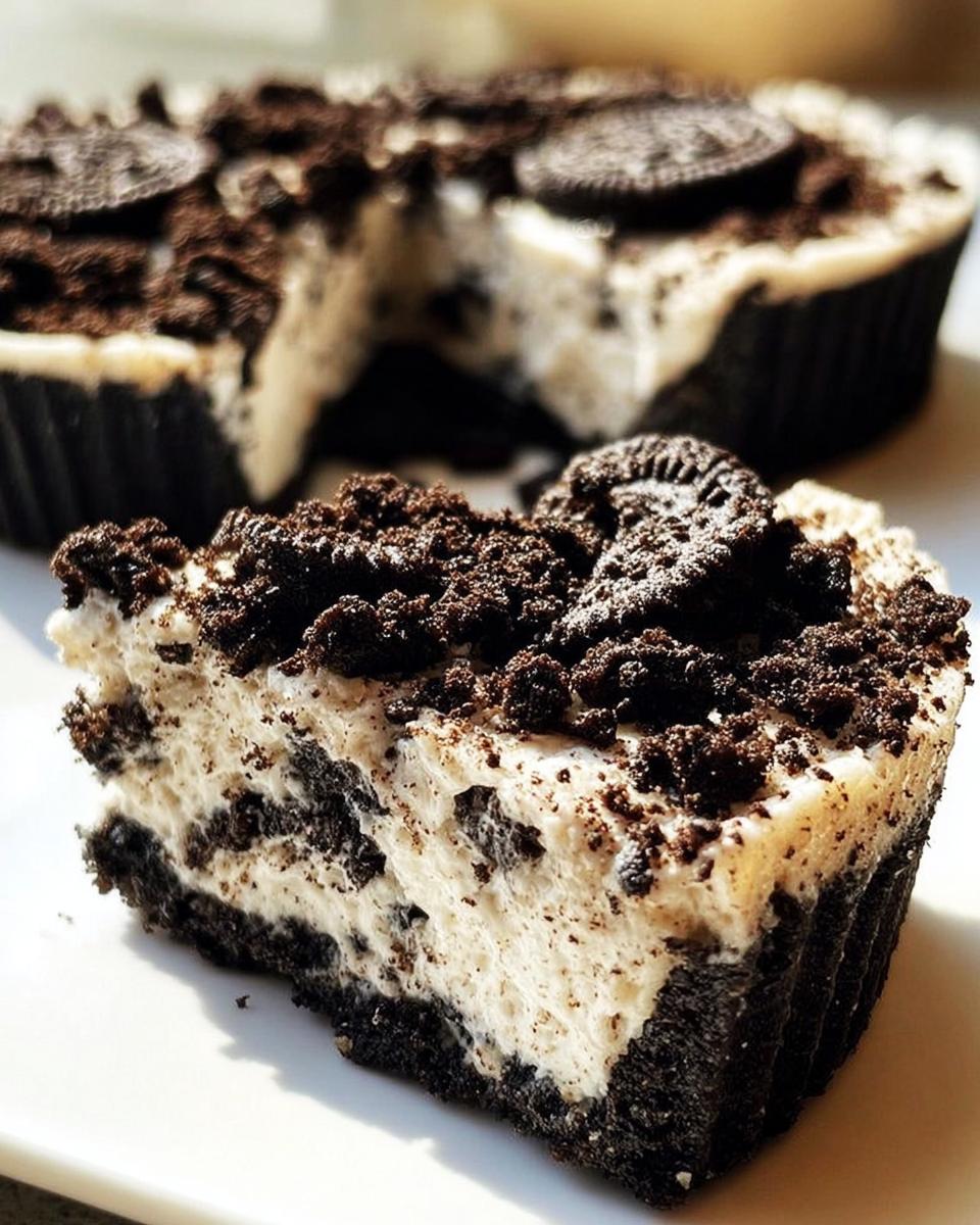 A slice of Healthy No-Bake Oreo Cheesecake Bites with a creamy filling and Oreo cookie crust.