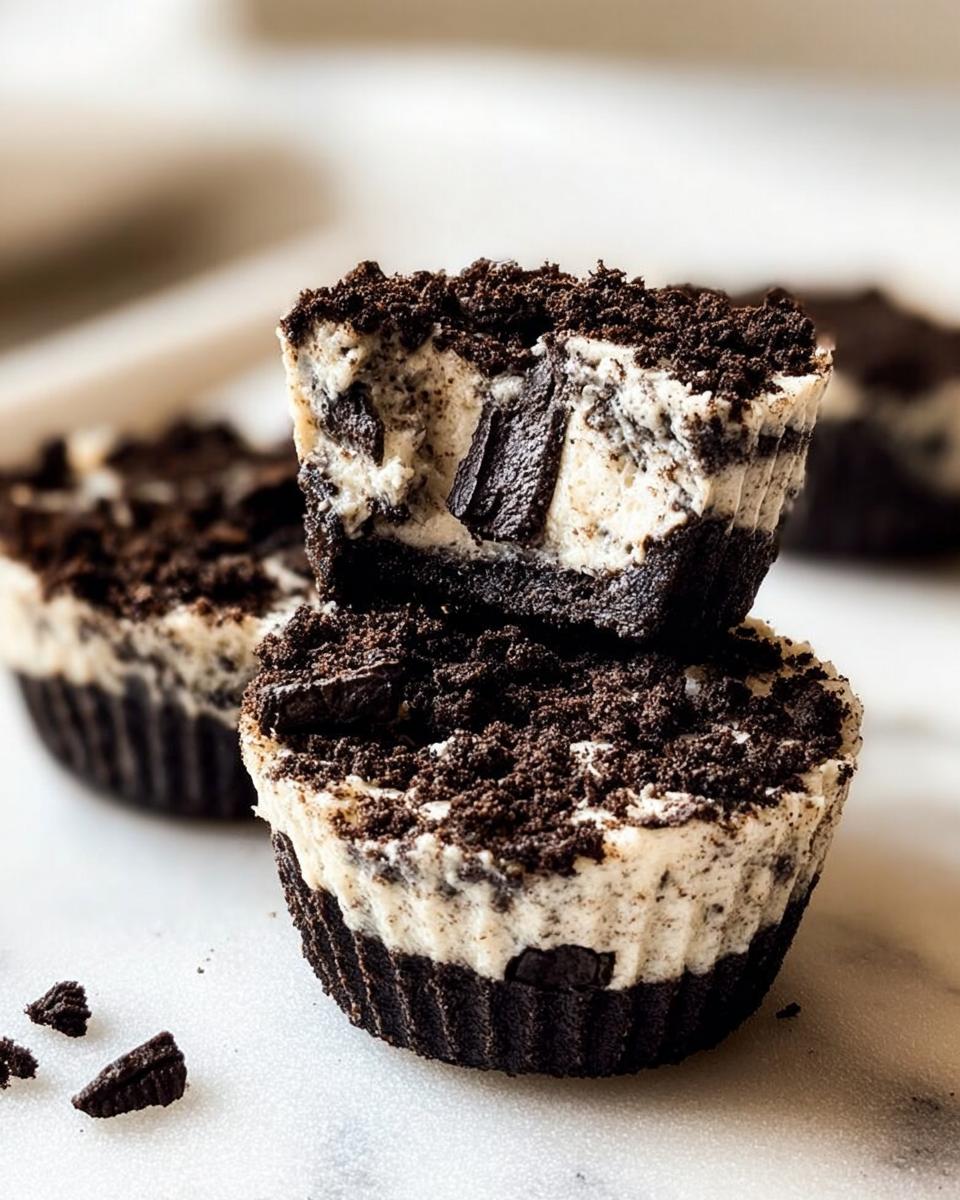 Close-up of stacked Healthy No-Bake Oreo Cheesecake Bites, showing the creamy filling and chocolate cookie crust.